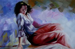 Träumende Frau in Rot – handgemaltes Ölbild auf Leinwand, 90 x 60 cm