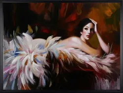 Liegende Dame mit Federn – handgemaltes Ölbild auf Leinwand, 80 x 60 cm