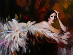 Liegende Dame mit Federn – handgemaltes Ölbild auf Leinwand, 80 x 60 cm