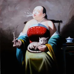 Dame mit Pfeife und Katze – handgemaltes Ölbild auf Leinwand, 60 x 60 cm