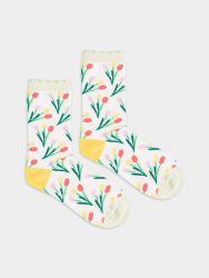 - Premium Damensocken Tulip Treasure Bunte Lustige Socken | Tulpen Tulips Geschenk Bio-Baumwolle | 39-41 Weiss