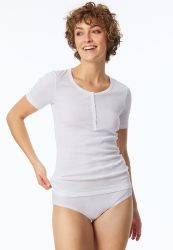 Schiesser T-Shirt Feinripp mit Knopfleiste Weiss - Revival Berta für Damen, Größe M, 100 % Baumwolle