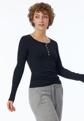 Schiesser Shirt mit Knopfleiste Schwarz - Revival Berta für Damen, Größe S, 100 % Baumwolle