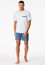 Schiesser Schlafanzug kurz Blau/Weiss gemustert - Comfort Nightwear für Herren, Größe XL, 100 % Baumwolle