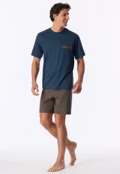 Schiesser Schlafanzug kurz Blau/Braun - Comfort Nightwear für Herren, Größe S, 100 % Baumwolle