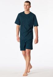 Schiesser Schlafanzug kurz Blau gemustert - Comfort Essentials für Herren, Größe 3XL, 100 % Baumwolle