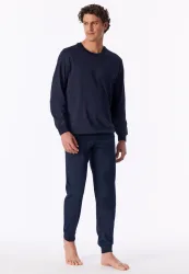 Schiesser Schlafanzug mit Bündchen Blau/Lila gemustert - Comfort Essentials für Herren, Größe L, 100 % Baumwolle