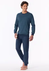 Schiesser Schlafanzug mit Bündchen Blau gemustert - Comfort Essentials für Herren, Größe M, 100 % Baumwolle