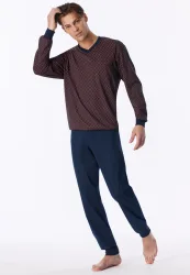 Schiesser Schlafanzug mit Bündchen Blau/Orange gemustert - Comfort Nightwear für Herren, Größe SM, 100 % Baumwolle