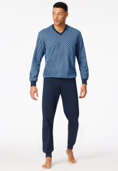 Schiesser Schlafanzug mit Bündchen Blau gemustert - Comfort Nightwear für Herren, Größe 4XL, 100 % Baumwolle