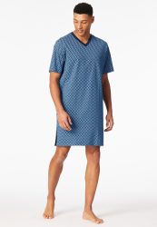 Schiesser Nachthemd kurzarm Blau gemustert - Comfort Nightwear für Herren, Größe 4XL, 100 % Baumwolle