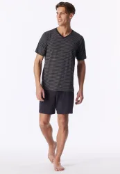 Schiesser Schlafanzug kurz Anthrazit gestreift - Long Life Soft für Herren, Größe M, 75 % Modal, 15 % Polyester, 10 % Elasthan