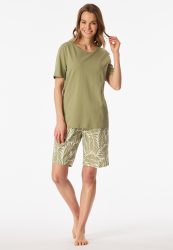 Schiesser Schlafanzug kurz Khaki/Weiss gemustert - Comfort Essentials für Damen, Größe M, 100 % Baumwolle
