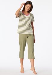 Schiesser Schlafanzug 3/4-lang Khaki/Weiss gestreift - Casual Essentials für Damen, Größe M, 100 % Baumwolle