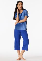 Schiesser Schlafanzug 3/4-lang Blau gestreift - Casual Essentials für Damen, Größe L, 100 % Baumwolle