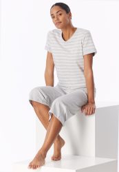 Schiesser Schlafanzug 3/4-lang Grau gestreift - Casual Essentials für Damen, Größe 3XL, 100 % Baumwolle