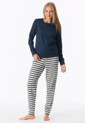 Schiesser Schlafanzug mit Bündchen Dunkelblau/Weiss gestreift - Casual Essentials für Damen, Größe M, 100 % Baumwolle