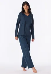 Schiesser Schlafanzug Dunkelblau gemustert - Casual Essentials für Damen, Größe M, 100 % Baumwolle