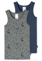 Schiesser Tank Top Feinripp 2er-Pack Dunkelblau/Grün gemustert - Fine Rib für Jungen, Größe 2Y, 100 % Baumwolle