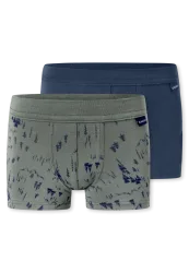 Schiesser Shorts 2er-Pack Blau/Khaki gemustert - Fine Rib für Jungen, Größe 2Y, 100 % Baumwolle