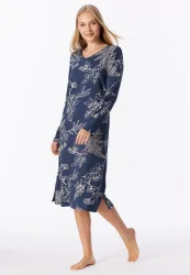 Schiesser Nachthemd langarm Dunkelblau/Beige gemustert - Comfort Essential für Damen, Größe M, 100 % Baumwolle