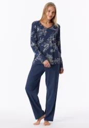 Schiesser Schlafanzug Dunkelblau/Beige gemustert - Comfort Essential für Damen, Größe L, 100 % Baumwolle