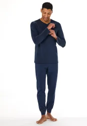 Schiesser Schlafanzug mit Bündchen Blau gemustert - Casual Essentials für Herren, Größe M, 100 % Baumwolle