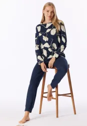 Schiesser Schlafanzug mit Bündchen Dunkelblau gemustert - Comfort Nightwear für Damen, Größe M, 50 % Baumwolle, 50 % Modal