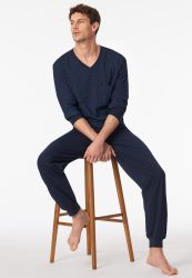 Schiesser Schlafanzug mit Bündchen Dunkelblau - Comfort Essentials für Herren, Größe SL, 100 % Baumwolle