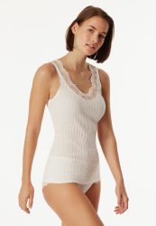 Schiesser Tank Top Feinripp V-Ausschnitt mit Spitze Weiss - Revival Marie für Damen, Größe 3XL, 100 % Baumwolle