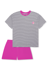 Schiesser Schlafanzug kurz Pink/Schwarz gestreift - Teens Nightwear für Mädchen, Größe XS, 100 % Baumwolle