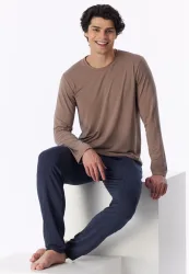 Schiesser Schlafanzug Beige/Blau gemustert - Long Life Soft für Herren, Größe L, 90 % Modal, 10 % Elasthan