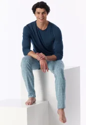Schiesser Schlafanzug Blau gemustert - Long Life Soft für Herren, Größe L, 90 % Modal, 10 % Elasthan