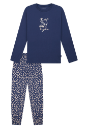 Schiesser Schlafanzug lang Bündchen Animal Print jeansblau - Teens Nightwear für Mädchen, Größe L, 100 % Baumwolle