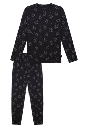 Schiesser Schlafanzug lang Bündchen Sterne schwarz - Teens Nightwear für Mädchen, Größe M, 100 % Baumwolle