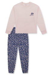Schiesser Schlafanzug lang Bündchen Katze Animal Print champagner - Teens Nightwear für Mädchen, Größe M, 100 % Baumwolle