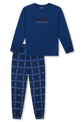 Schiesser Schlafanzug mit Bündchen Blau kariert - Teens Nightwear für Jungen, Größe XS, 100 % Baumwolle