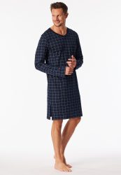 Schiesser Nachthemd langarm Blau/Weiss kariert - Fine Interlock für Herren, Größe 4XL, 100 % Baumwolle