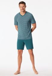 Schiesser Schlafanzug kurz Petrol gestreift - Long Life Soft für Herren, Größe M, 70 % Modal, 20 % Polyester, 10 % Elasthan