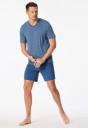 Schiesser Schlafanzug kurz Blau gestreift - Long Life Soft für Herren, Größe L, 70 % Modal, 20 % Polyester, 10 % Elasthan