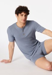 Schiesser Henley T-Shrt Feinripp Blau - Rib Essentials für Herren, Größe M, 99 % Baumwolle, 1 % Elasthan