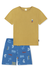 Schiesser Schlafanzug kurz Khaki/Blau gemustert - Kids Nightwear für Jungen, Größe 4Y, 100 % Baumwolle