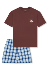 Schiesser Schlafanzug kurz Bordeaux/Blau kariert - Teens Nightwear für Jungen, Größe XS, 100 % Baumwolle