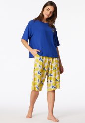 Schiesser Schlafanzug 3/4-lang Blau/Gelb gemustert - Casual Fashion für Damen, Größe L, 95 % Modal, 5 % Elasthan