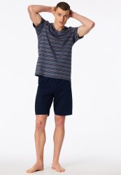 Schiesser Schlafanzug kurz Blau/Bordeaux gestreift - Casual Nightwear für Herren, Größe XXL, 100 % Baumwolle