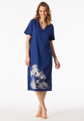 Schiesser Nachthemd kurzarm Blau gemustert - Interlock für Damen, Größe S, 100 % Baumwolle