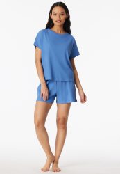 Schiesser Schlafanzug kurz Feinripp Blau - Casual Feel für Damen, Größe XL, 85 % Baumwolle, 15 % Polyester