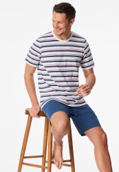 Schiesser Schlafanzug kurz Ringel weiß - Casual Nightwear für Herren, Größe 3XL, 100 % Baumwolle
