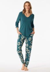 Schiesser Schlafanzug mit Bündchen Petrol gemustert - Modern Nightwear für Damen, Größe S, 65 % Modal, 35 % Baumwolle