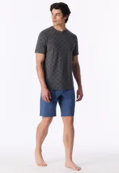 Schiesser Schlafanzug kurz Blau/Grau gemustert - 95/5 für Herren, Größe S, 95 % Baumwolle, 5 % Elasthan